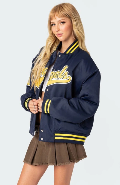 Shop Edikted Angels Oversize Varsity Jacket In Navy