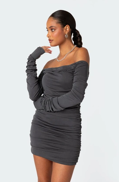Shop Edikted Cyra Ruched Off The Shoulder Long Sleeve Minidress In Gray