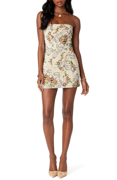 Shop Edikted Floral Tapestry Lace-up Back Strapless Minidress In Cream