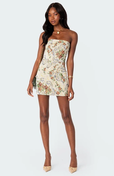 Shop Edikted Floral Tapestry Lace-up Back Strapless Minidress In Cream