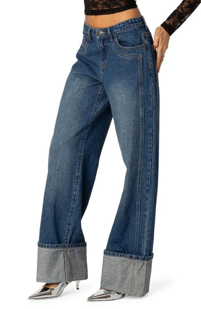 Edikted Vesper Cuffed Wide Leg Jeans In Blue