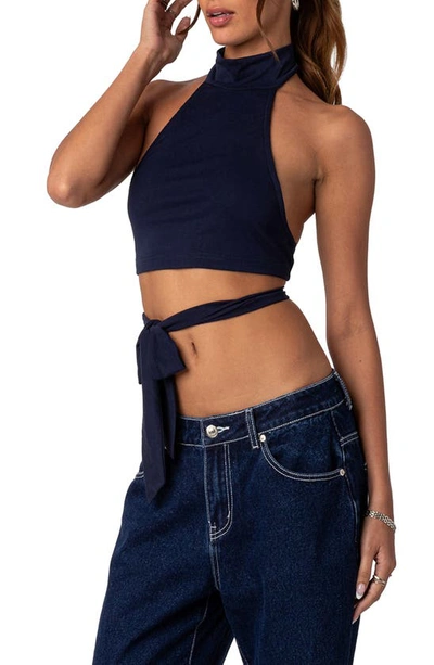 Shop Edikted Hamlin Wrap Tie Halter Top In Navy