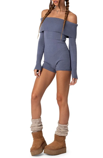 Shop Edikted Pandorah Long Sleeve Off The Shoulder Knit Romper In Blue