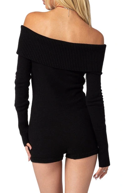 Edikted Pandorah Long Sleeve Off The Shoulder Knit Romper In Black
