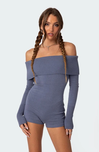 Edikted Pandorah Long Sleeve Off The Shoulder Knit Romper In Blue