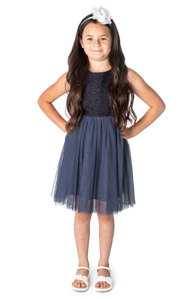Popatu Metallic Sleeveless Tweed & Tulle Dress In Navy