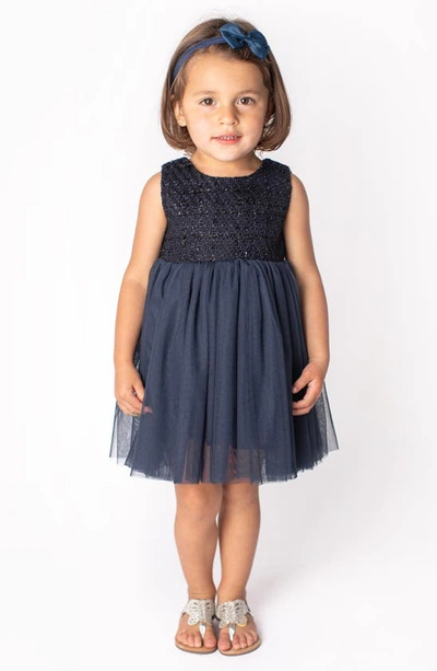 Popatu Metallic Sleeveless Tweed & Tulle Dress In Navy