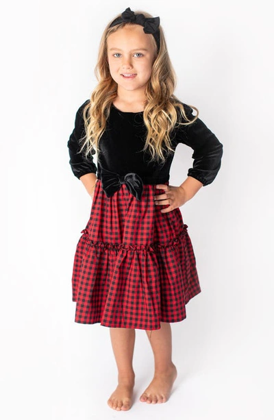 Shop Popatu Kids' Check Long Sleeve Velvet Bodice Tiered Dress In Black/ Red