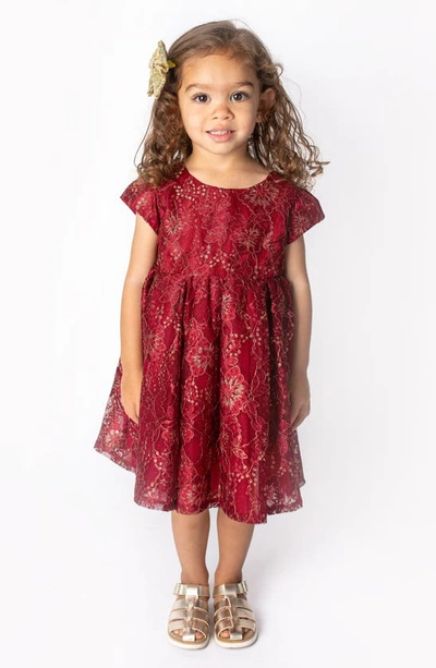 Shop Popatu Kids' Metallic Cap Sleeve Lace Dress In Dark Red