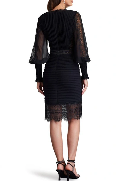 Shop Tadashi Shoji Pleated Lace Long Sleeve Sheath Dress In Black