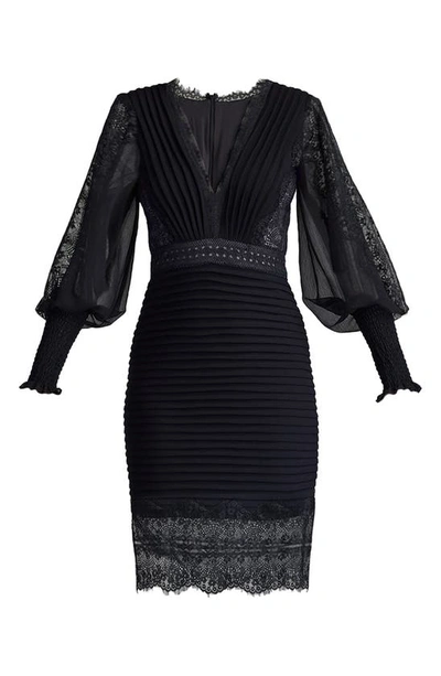 Shop Tadashi Shoji Pleated Lace Long Sleeve Sheath Dress In Black