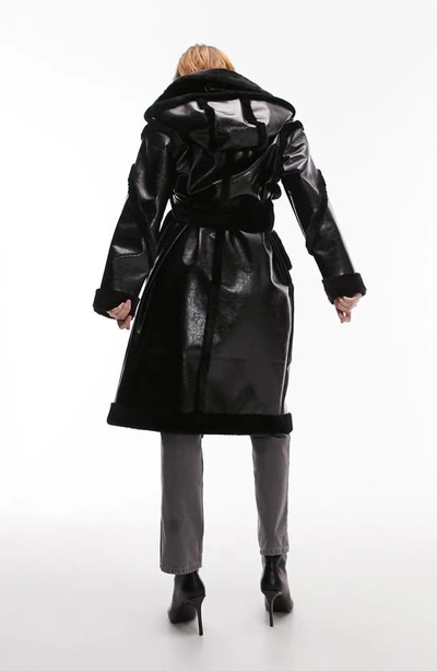 Shop Topshop Faux Fur Trim Faux Leather Aviator Coat In Black