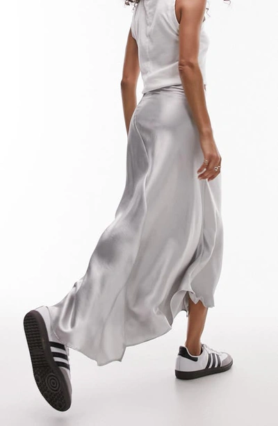 Shop Topshop Fishtail Satin Midi Skirt In Silver