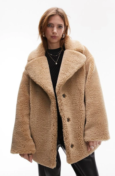 Shop Topshop Borg Notch Collar Faux Shearling Coat In Camel