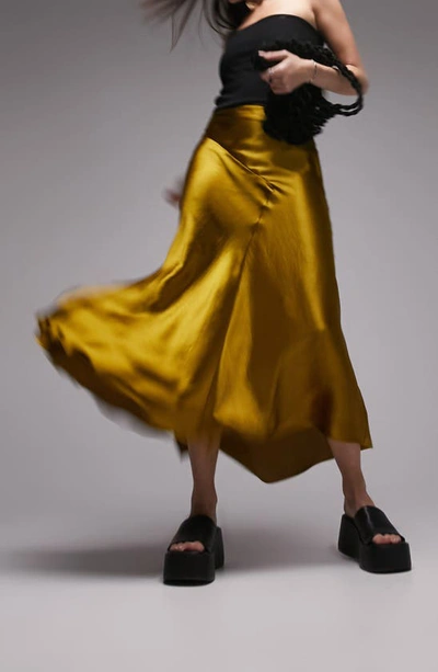 Shop Topshop Fishtail Satin Midi Skirt In Yellow