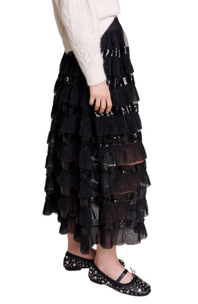 Shop Maje Sequin Ruffle Maxi Skirt In Black