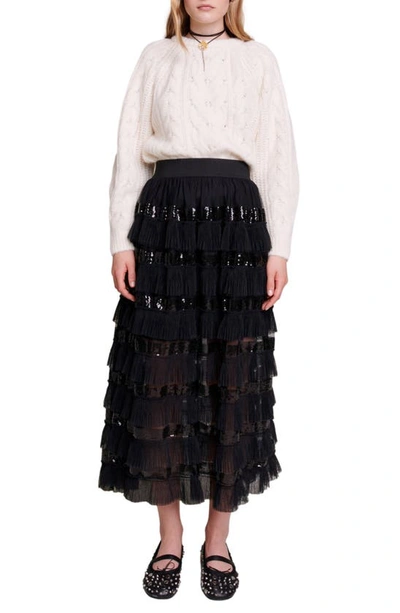 Shop Maje Sequin Ruffle Maxi Skirt In Black