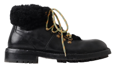 Shop Dolce & Gabbana Black Leather Bernini Shearling Boots Men's Shoes