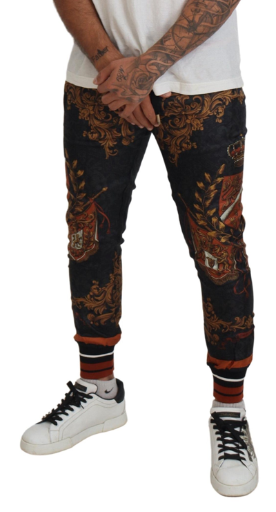 Shop Dolce & Gabbana Gray Silk Baroque Crown Trousers Sport Men's Pants In Multicolor