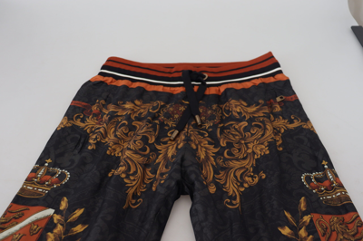 Shop Dolce & Gabbana Gray Silk Baroque Crown Trousers Sport Men's Pants In Multicolor