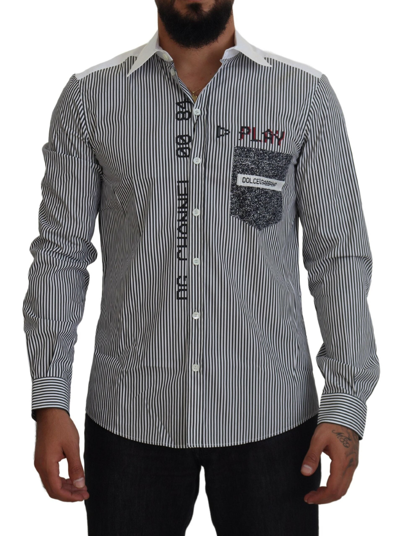 Shop Dolce & Gabbana Slim Fit Striped Casual Shirt With Channel Men's Motive In Gray