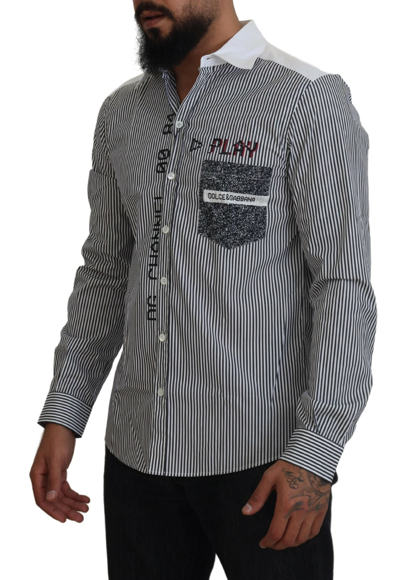 Shop Dolce & Gabbana Slim Fit Striped Casual Shirt With Channel Men's Motive In Gray