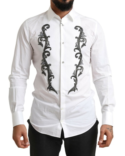 Dolce & Gabbana White Tuxedo Slim Fit Baroque Shirt In White