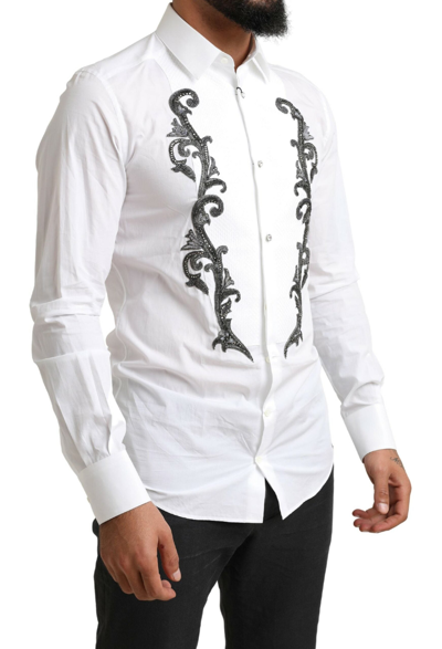 Dolce & Gabbana White Tuxedo Slim Fit Baroque Shirt In White