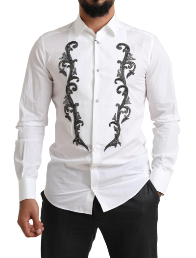 Dolce & Gabbana White Tuxedo Slim Fit Baroque Shirt In White