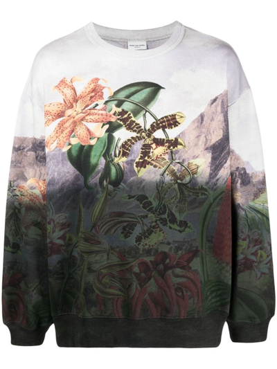 Shop Dries Van Noten Botanical Landscape Black Oversized Crew Neck Sweatshirt In Multicolour