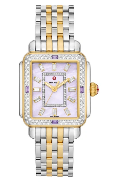 Shop Michele Deco Baguette Charmante Bracelet Watch, 33mm In Two Tone / Lavender