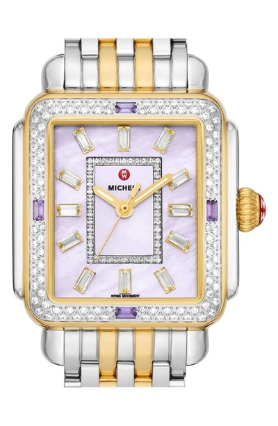 Shop Michele Deco Baguette Charmante Bracelet Watch, 33mm In Two Tone / Lavender