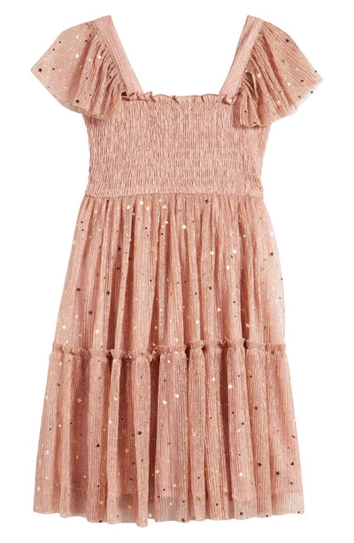 Zunie Kids' Smocked Bodice Sparkle Star Dress In Dusty Rose