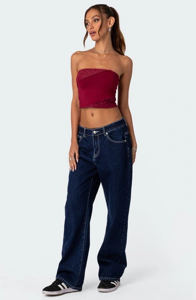 Edikted Lace Patchwork Crop Tube Top In Burgundy