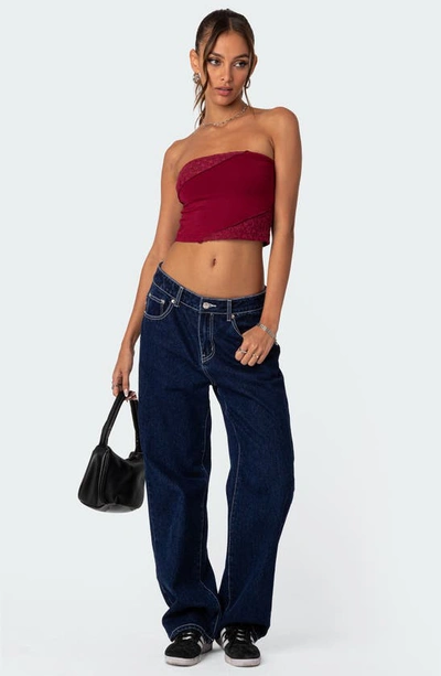 Edikted Lace Patchwork Crop Tube Top In Burgundy