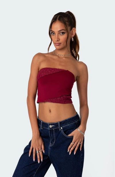 Edikted Lace Patchwork Crop Tube Top In Burgundy