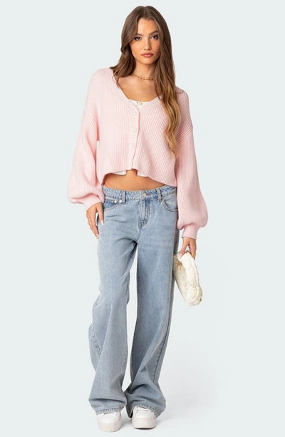 Edikted Sabrina Balloon Sleeve Crop Cardigan In Light-pink