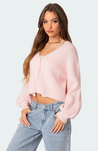 Shop Edikted Sabrina Balloon Sleeve Crop Cardigan In Light-pink