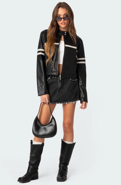 Edikted Rockstar Oversize Faux Leather Jacket In Black-and-white