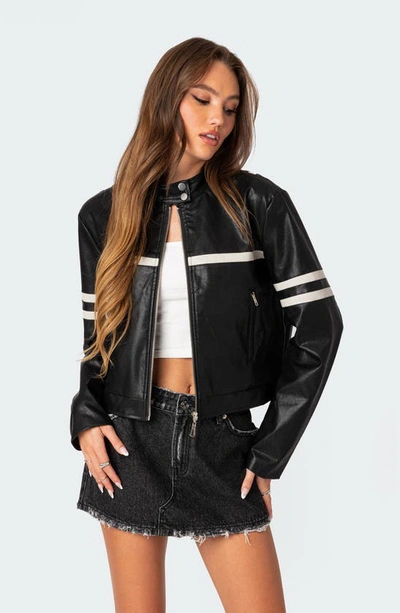 Edikted Rockstar Oversize Faux Leather Jacket In Black-and-white