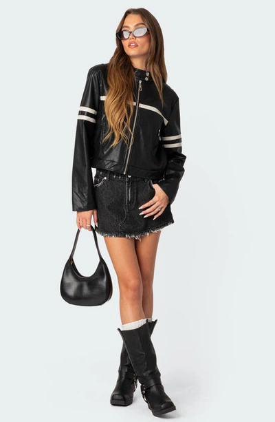 Edikted Rockstar Oversize Faux Leather Jacket In Black-and-white