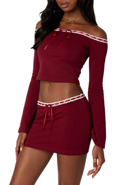 Edikted Seline Ribbon Trim Off The Shoulder Crop Top In Burgundy
