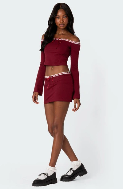 Edikted Seline Ribbon Trim Off The Shoulder Crop Top In Burgundy
