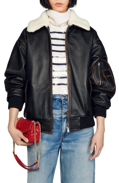 Shop Sandro Mitchell Genuine Shearling Collar Leather Jacket In Black/brown