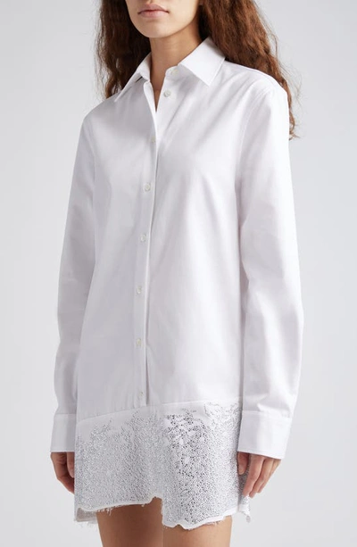 Shop Jw Anderson Crystal Embellished Fray Hem Long Sleeve Cotton Poplin Shirtdress In White