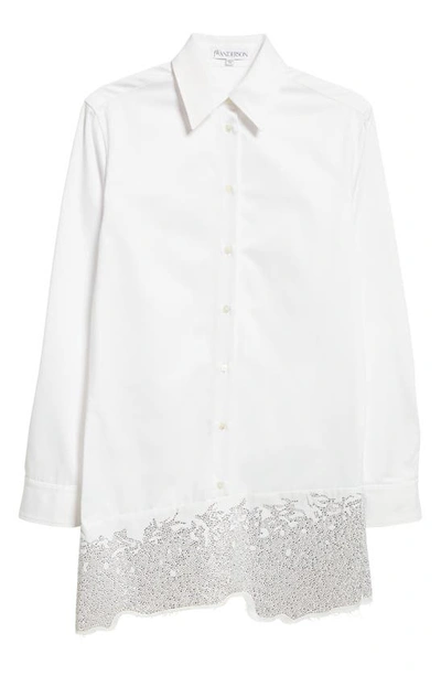 Shop Jw Anderson Crystal Embellished Fray Hem Long Sleeve Cotton Poplin Shirtdress In White