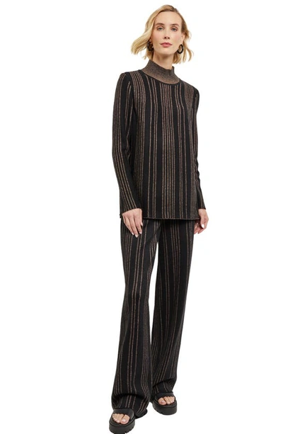 Shop Misook Stripe Turtleneck Tunic Sweater In Goldenwood/ Black