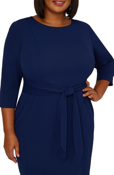 Adrianna Papell Tie Waist Crepe Sheath Dress In Navy Sateen