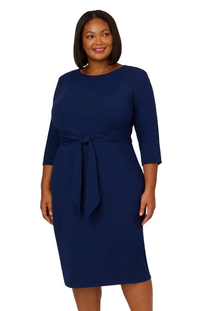 Adrianna Papell Tie Waist Crepe Sheath Dress In Navy Sateen