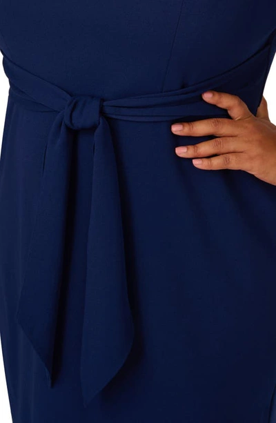 Shop Adrianna Papell Tie Waist Crepe Dress In Navy Sateen